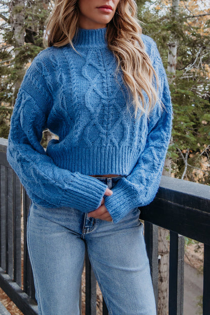 Blue Cable Knit Mock Neck Sweater