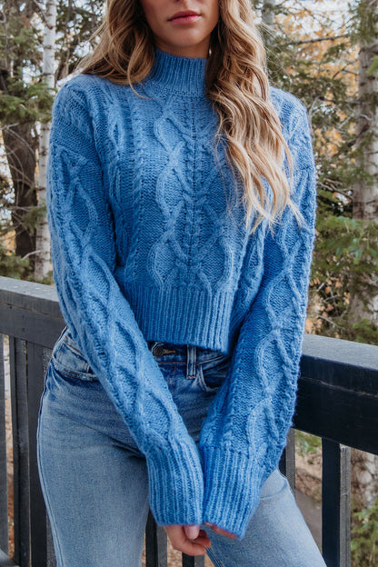 Blue Cable Knit Mock Neck Sweater