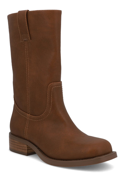 MIA Miley Mid Calf Boots - Tan: features a low stacked heel, round toe, pull tab, and visible stitching for classic style.