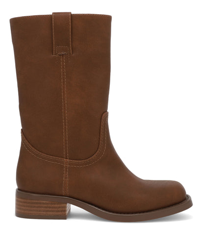 The MIA Miley Mid Calf Boots in tan feature a low heel and decorative stitching, shown in profile on a white background.