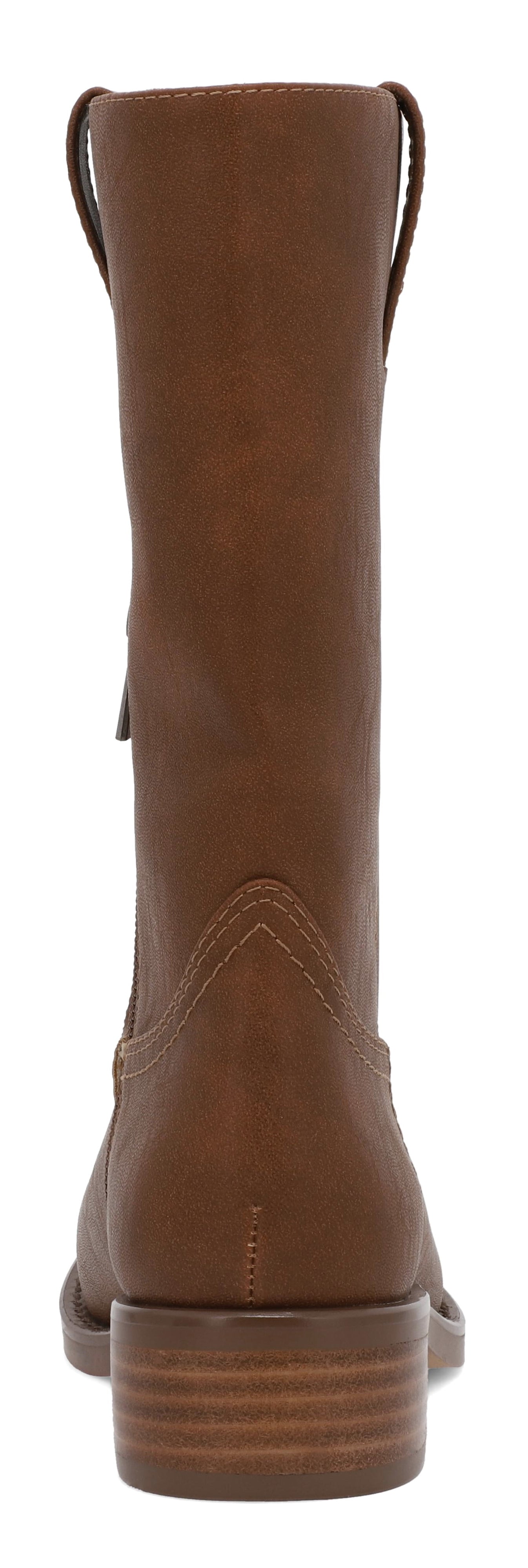 The MIA Miley Mid Calf Boots in tan feature a pull-on design, stacked heel, and detailed stitching viewed from the back.