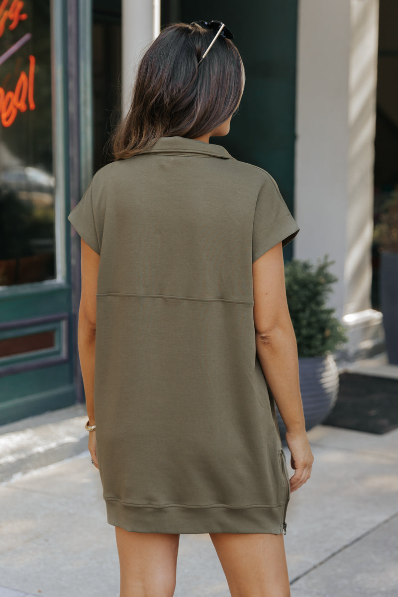 Olive Half Zip Short Sleeve Mini Dress - FINAL SALE