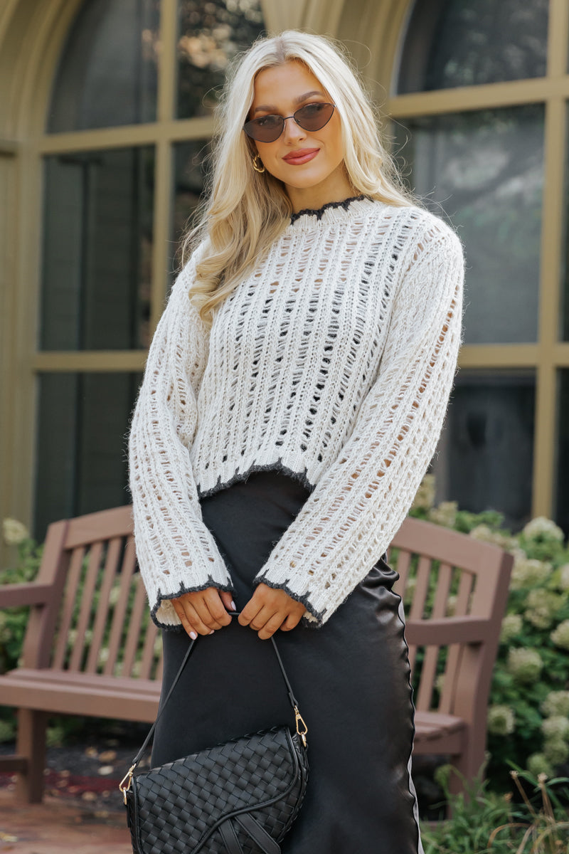 Cream Contrast Stitch Crochet Sweater