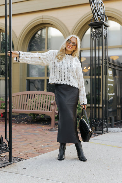 Cream Contrast Stitch Crochet Sweater