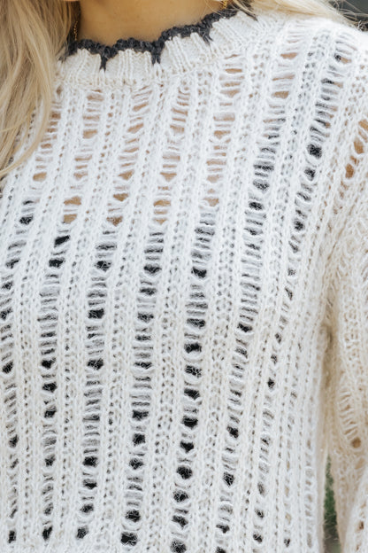 Cream Contrast Stitch Crochet Sweater