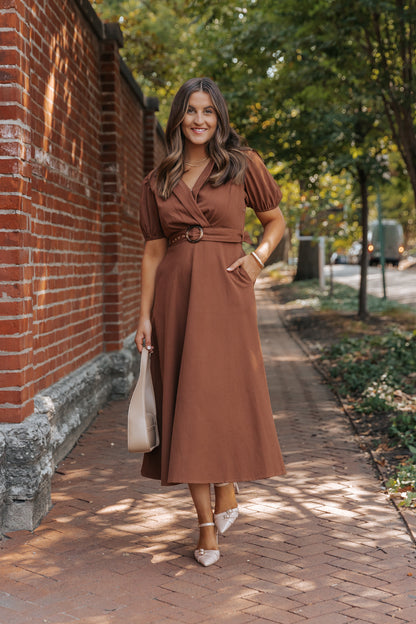 True Autumn Brown Belted Midi Dress