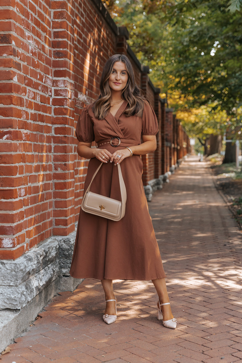 True Autumn Brown Belted Midi Dress