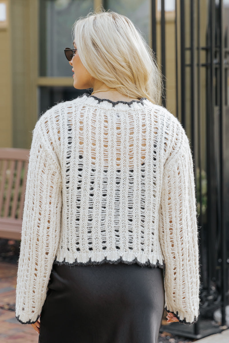 Cream Contrast Stitch Crochet Sweater