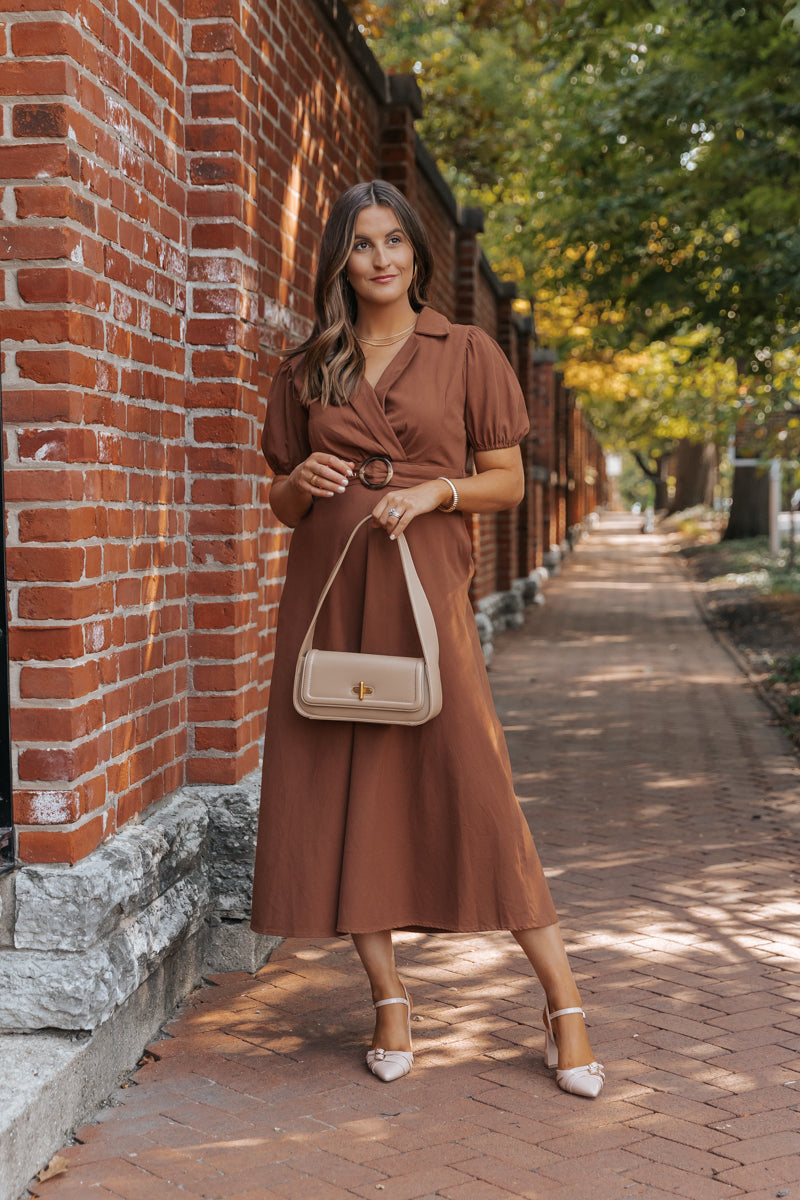 True Autumn Brown Belted Midi Dress