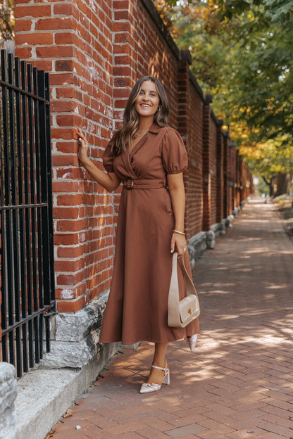 True Autumn Brown Belted Midi Dress