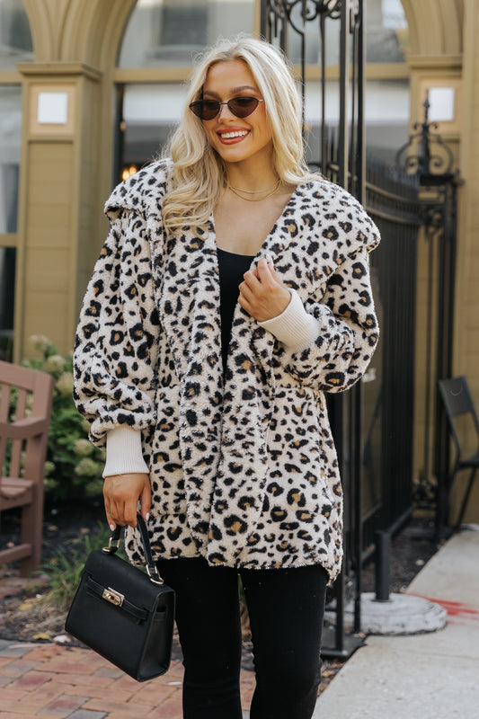 Tan Leopard Print Fur Hooded Jacket