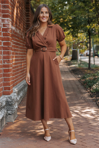 True Autumn Brown Belted Midi Dress