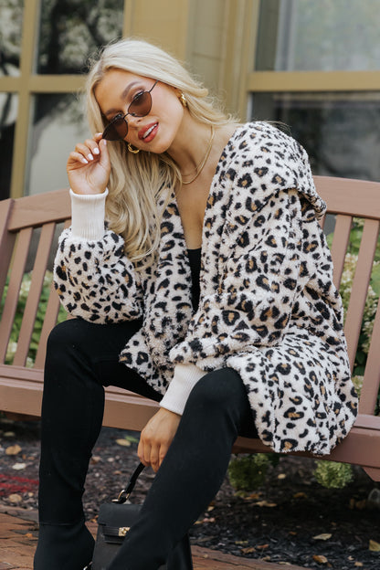 Tan Leopard Print Fur Hooded Jacket