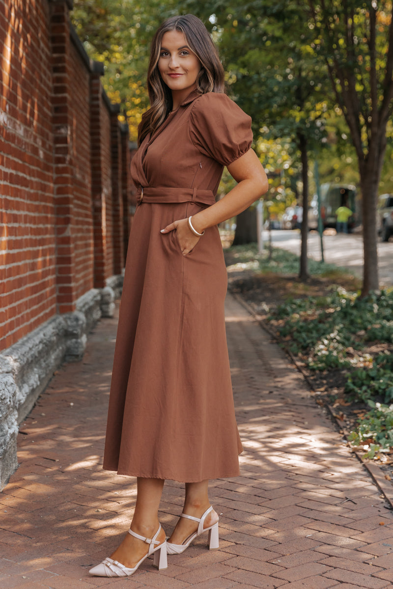 True Autumn Brown Belted Midi Dress