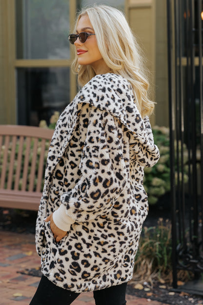 Tan Leopard Print Fur Hooded Jacket