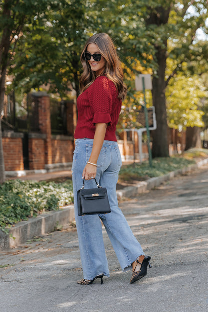 Scarlet Red Puff Sleeve Textured Sweater