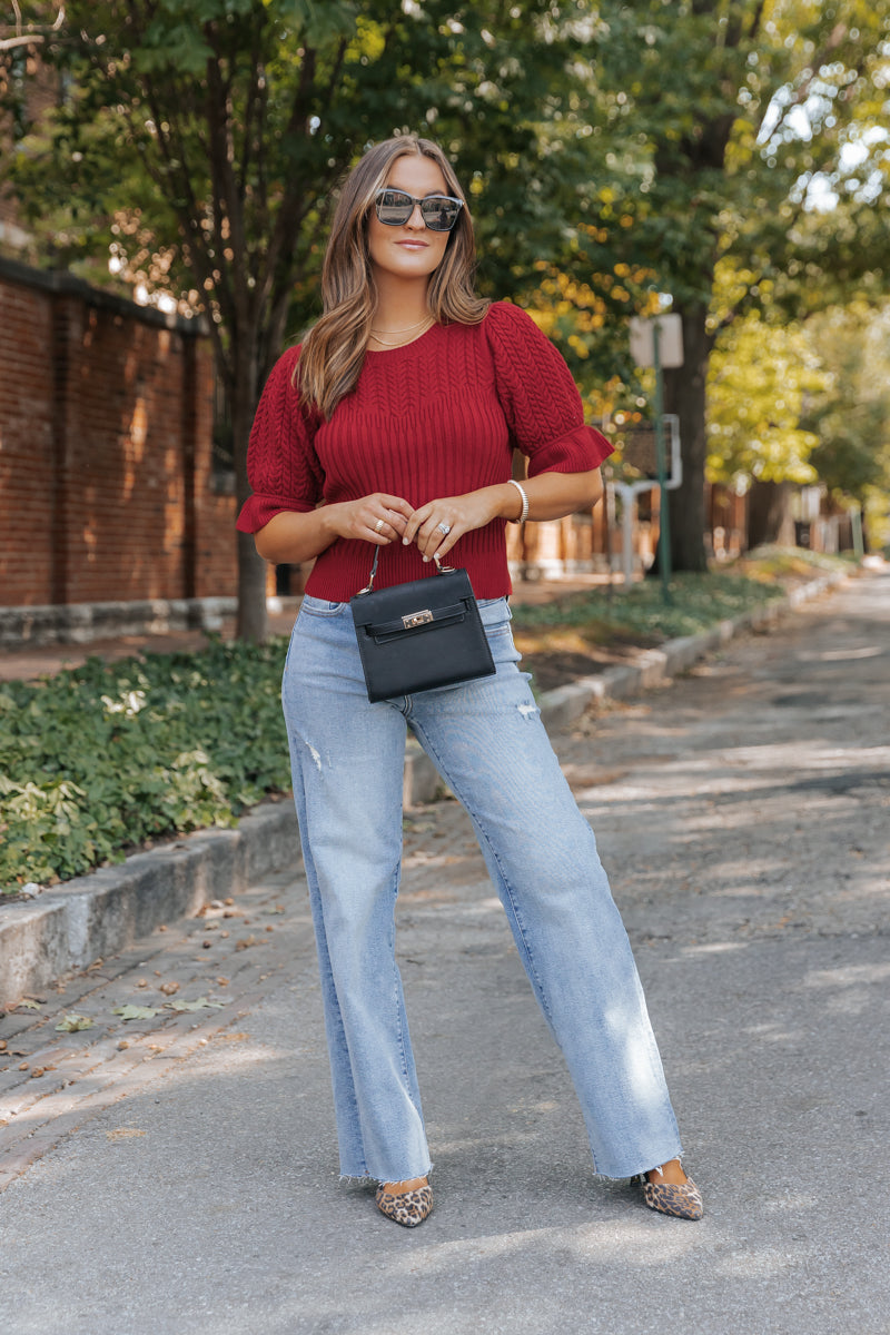 Scarlet Red Puff Sleeve Textured Sweater