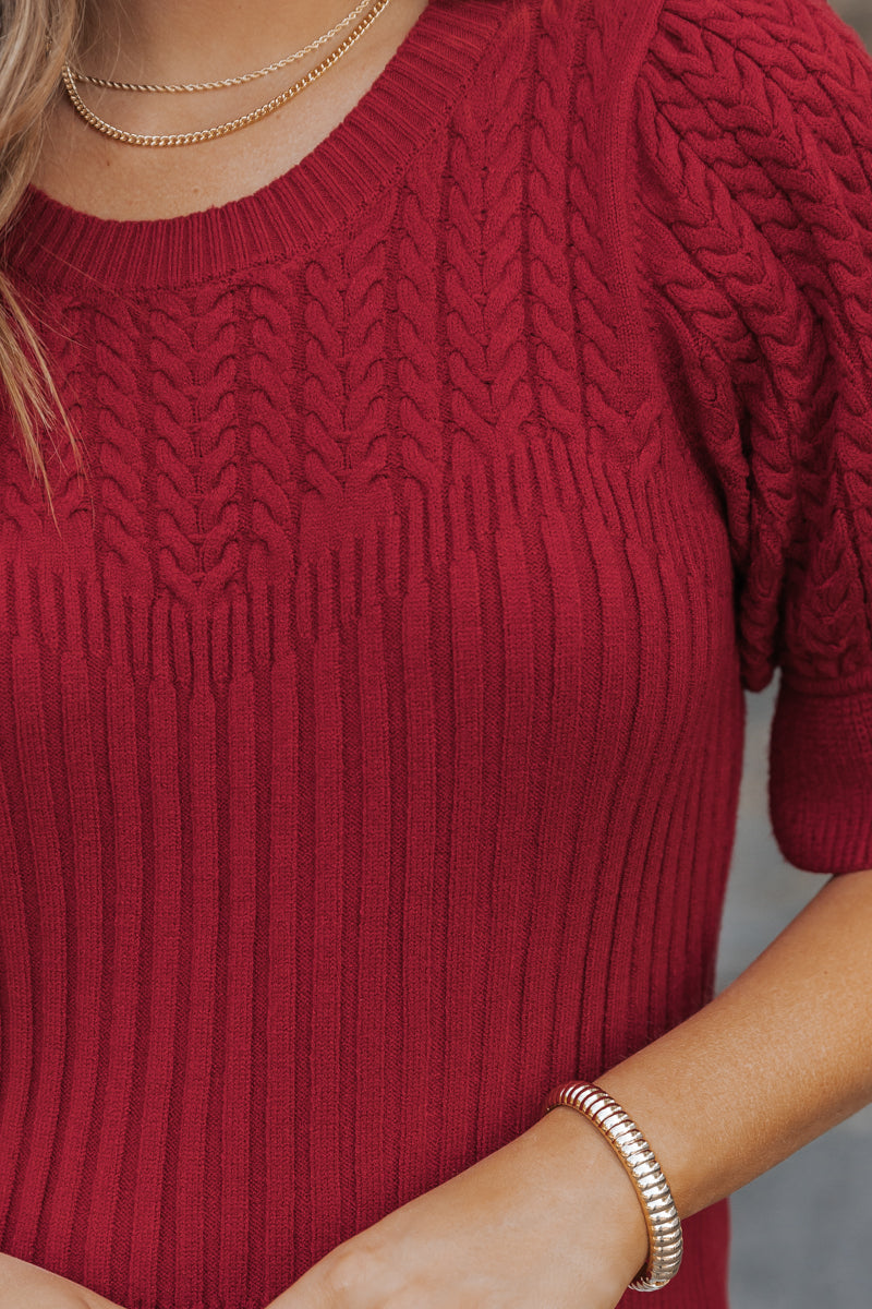 Scarlet Red Puff Sleeve Textured Sweater