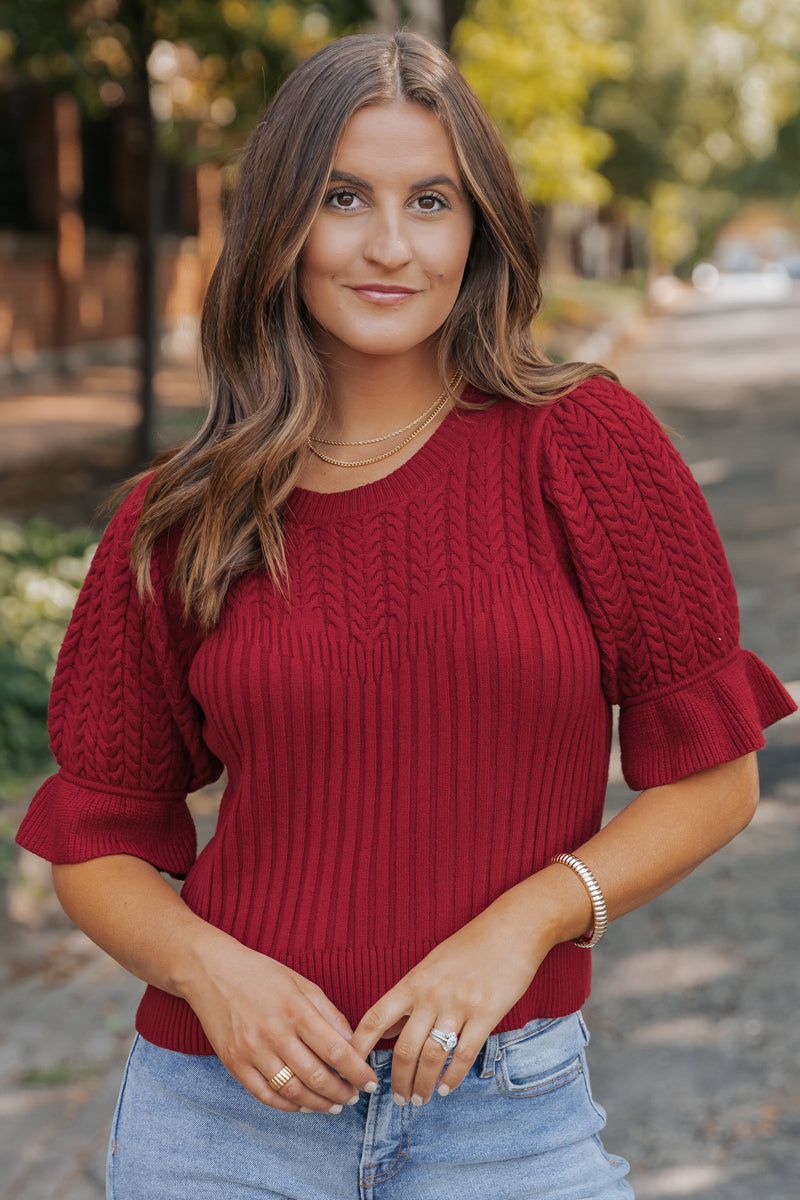 Scarlet Red Puff Sleeve Textured Sweater