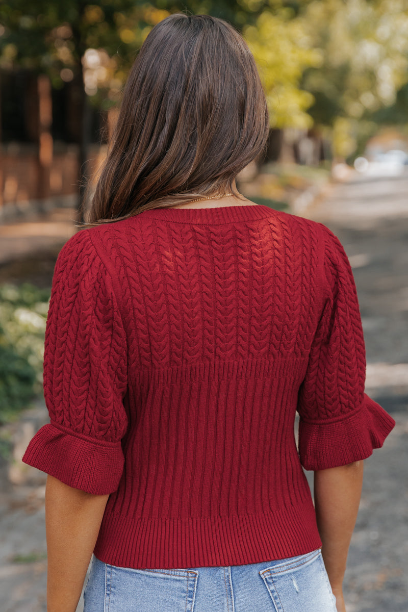 Scarlet Red Puff Sleeve Textured Sweater