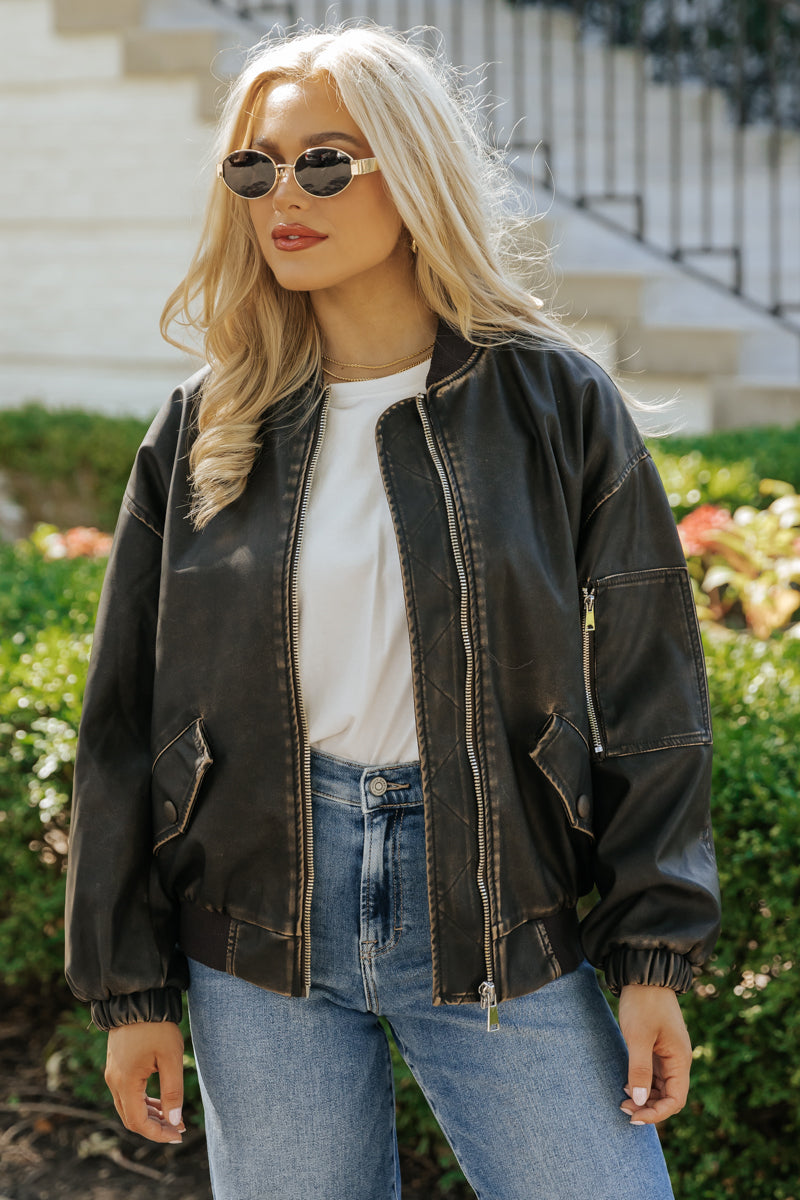 Dark Brown Faux Leather Bomber Jacket