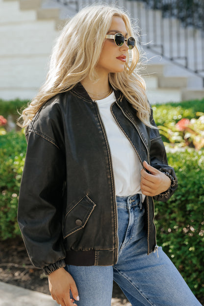 Dark Brown Faux Leather Bomber Jacket