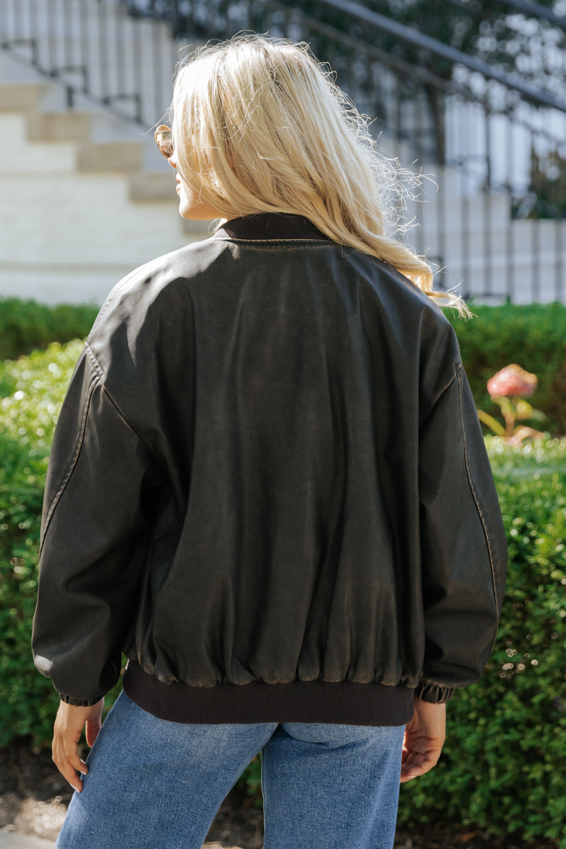 Dark Brown Faux Leather Bomber Jacket