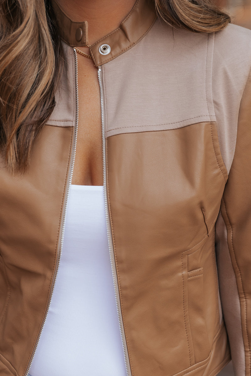 Brown Two Tone Faux Leather Jacket