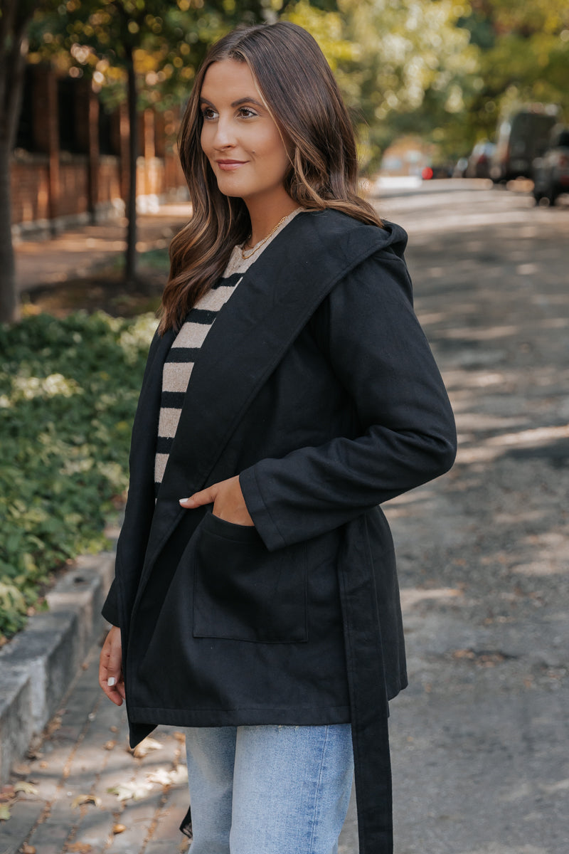 Sophisticated Black Tie Hooded Coat