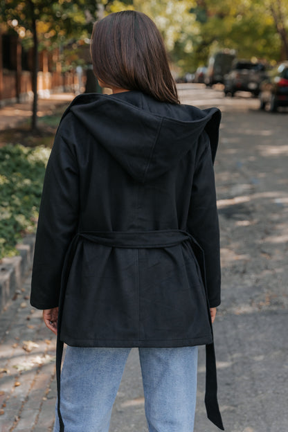 Sophisticated Black Tie Hooded Coat