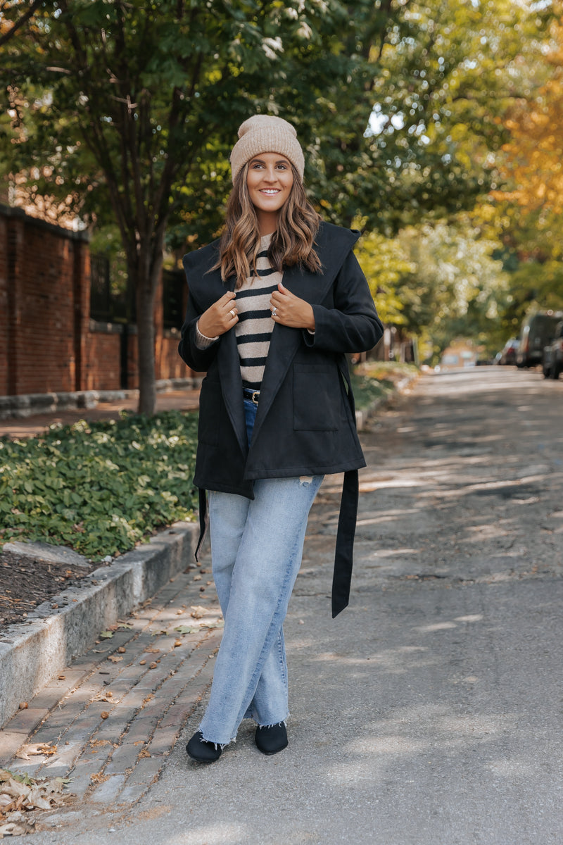 Sophisticated Black Tie Hooded Coat