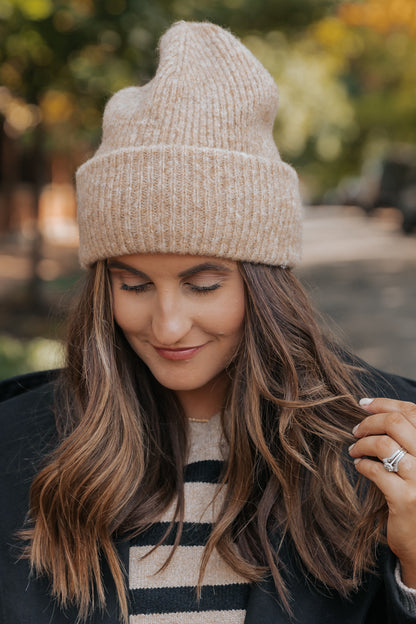 Fuzzy Wool Ribbed Beanie - Taupe