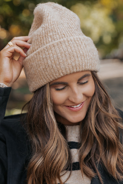 Fuzzy Wool Ribbed Beanie - Taupe