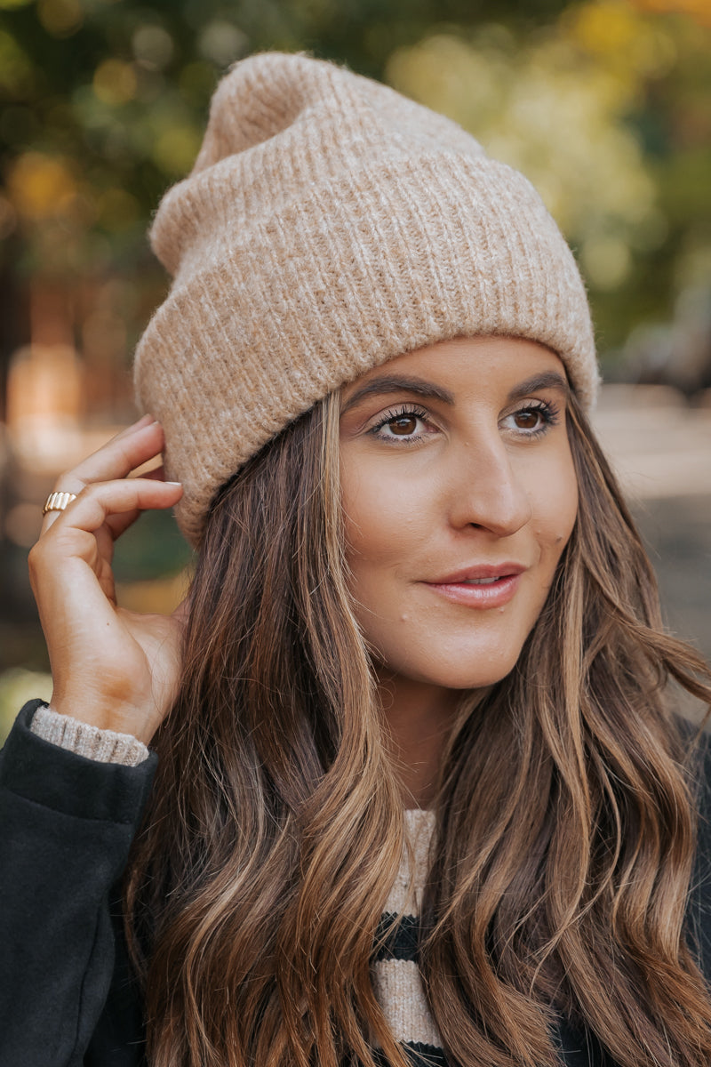 Fuzzy Wool Ribbed Beanie - Taupe