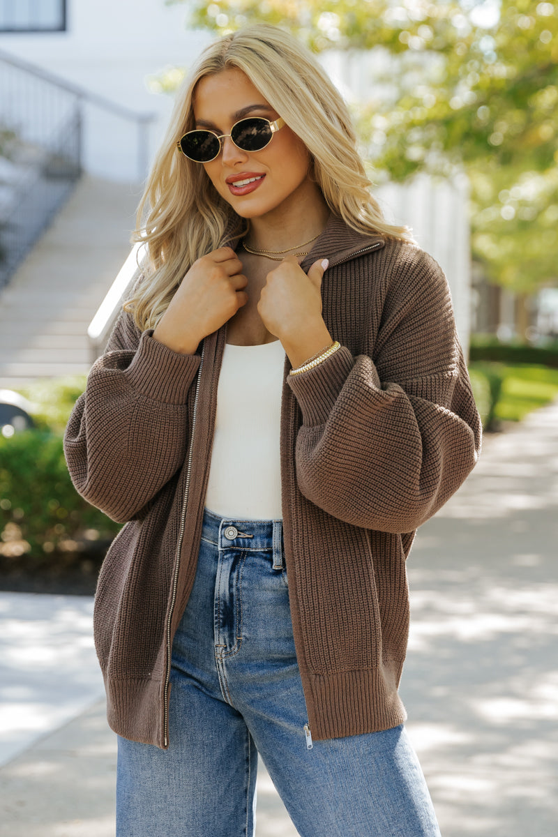 Mocha Zip Up Sweater Jacket