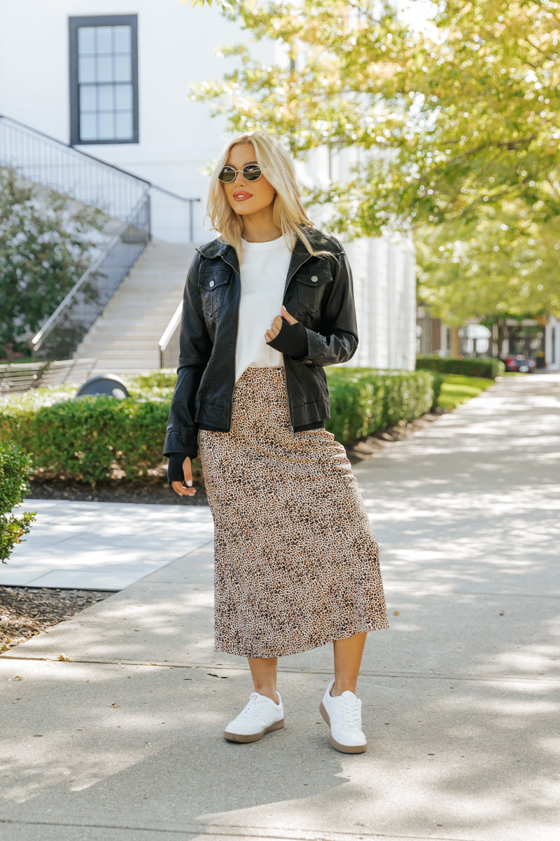 Brown Leopard Print Midi Skirt