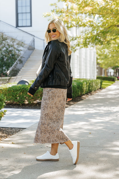 Brown Leopard Print Midi Skirt