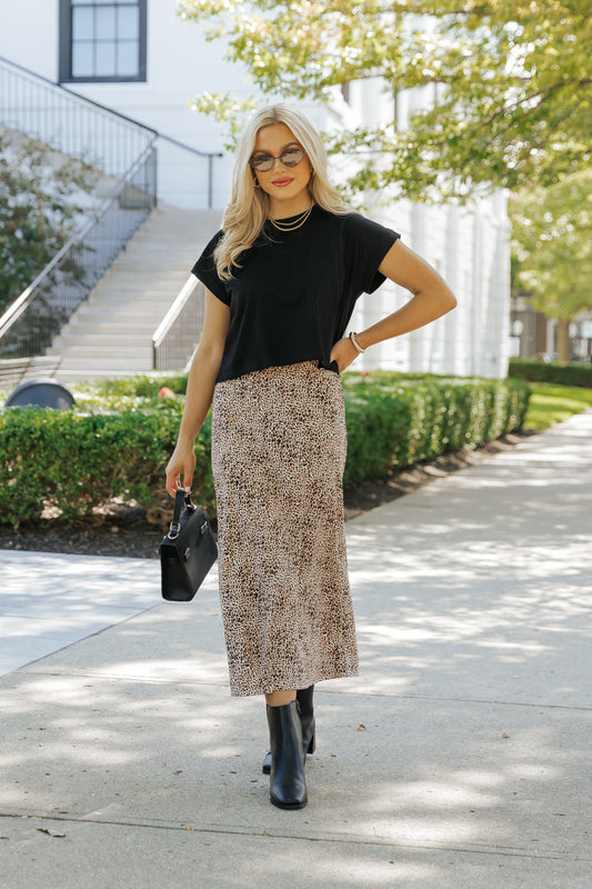 Brown Leopard Print Midi Skirt