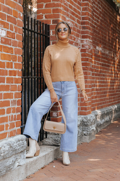 Camel Cable Knit Sleeve Turtleneck Sweater