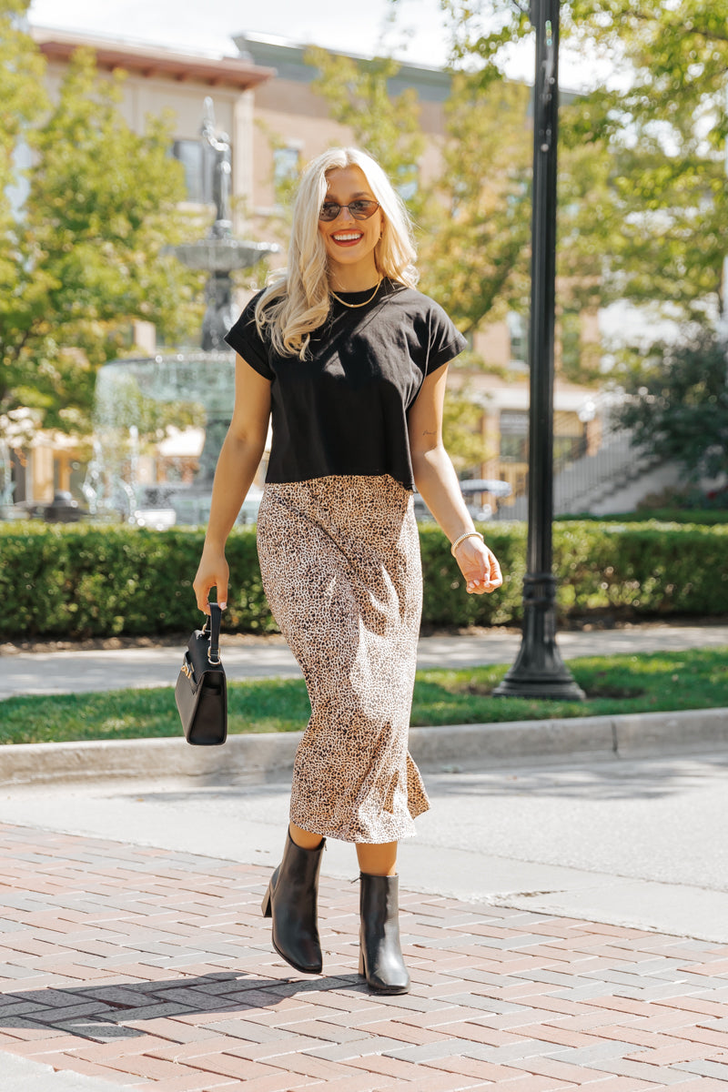 Brown Leopard Print Midi Skirt