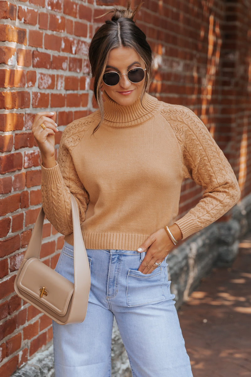 Camel Cable Knit Sleeve Turtleneck Sweater