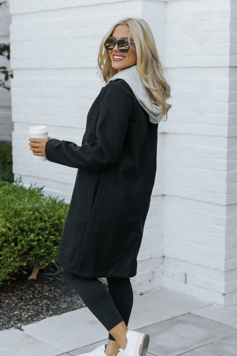 Josie Black Contrast Hooded Coat