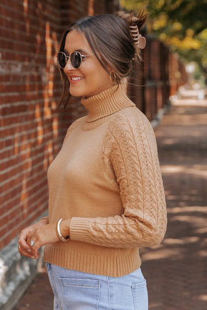 Camel Cable Knit Sleeve Turtleneck Sweater