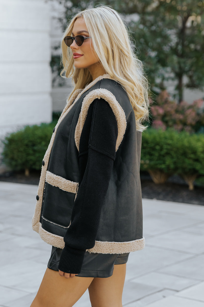 Black and Tan Sherpa Button Up Vest