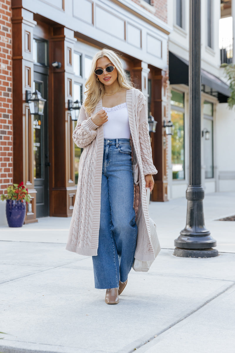 Chunky Cable Knit Duster Cardigan - Light Beige