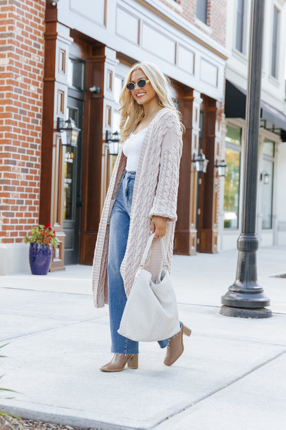 Chunky Cable Knit Duster Cardigan - Light Beige