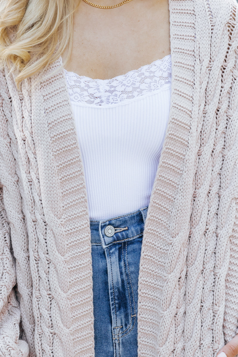 Chunky Cable Knit Duster Cardigan - Light Beige