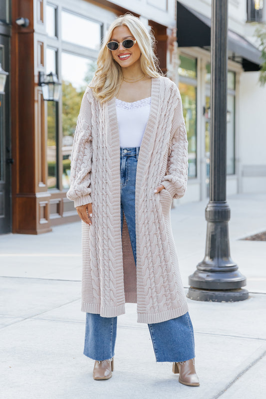 Chunky Cable Knit Duster Cardigan - Light Beige