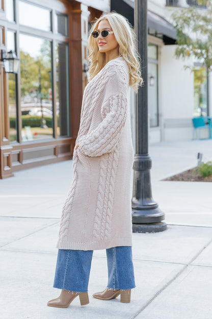 Chunky Cable Knit Duster Cardigan - Light Beige