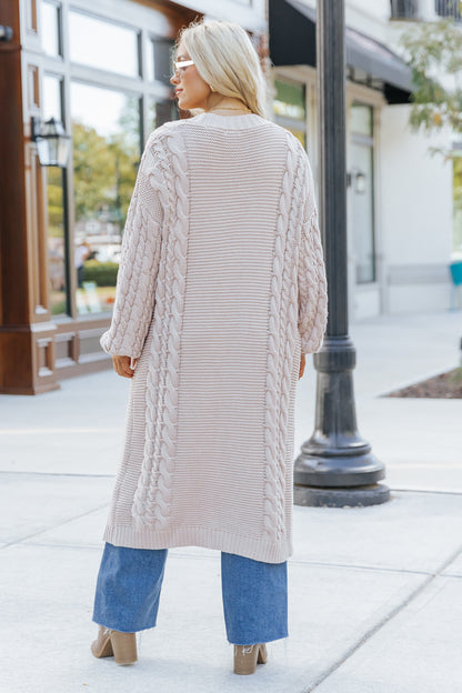 Chunky Cable Knit Duster Cardigan - Light Beige